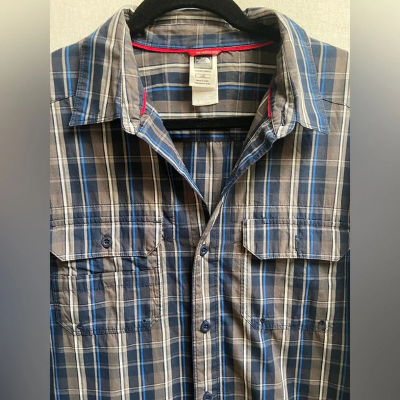 North Face blue grey checker striped button up  long sleeve cotton shirt Sz L - Picture 3 of 7